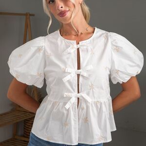 Very J White Puff Sleeve Blouse with Bow Accents